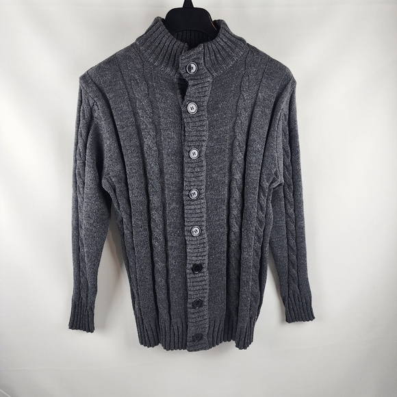 PJ Paul Jones Men L Charcoal Gray Stand Collar Cable Knit Cardigan Sweater NWT - Picture 1 of 7